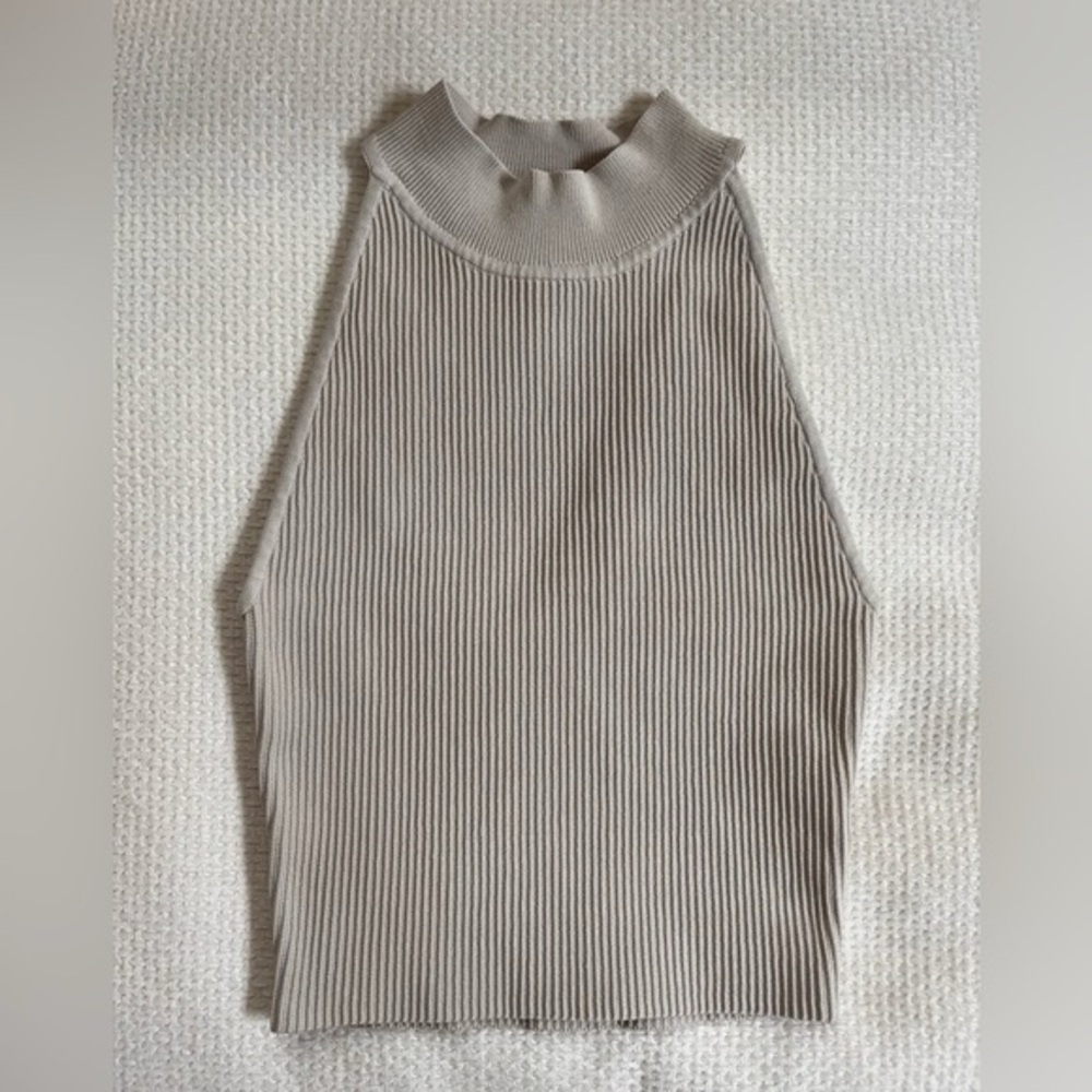 BABATON High Neck Ribbed Crop Tank Top Beige | Medium